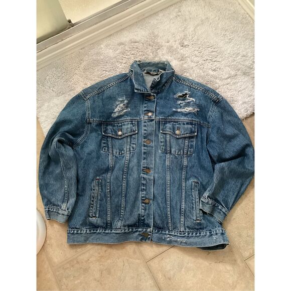 Distressed 1X Denim Jean Jacket - Picture 2 of 9
